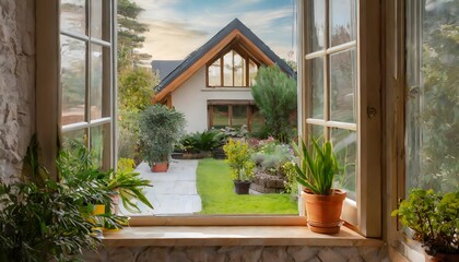 From an open window, a relaxing view of a well-kept garden and a beautiful cottage.