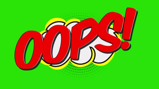 Comic Title Bubble Cartoon Animation with 'OOPS' Words - Shot in 4K Resolution with Green Screen Background