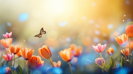 Fototapeta na wymiar Butterfly Flying Over Field of Flowers
