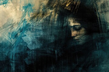 Agitated abstract brush strokes in dark, tumultuous shades, converging around a distressed girl