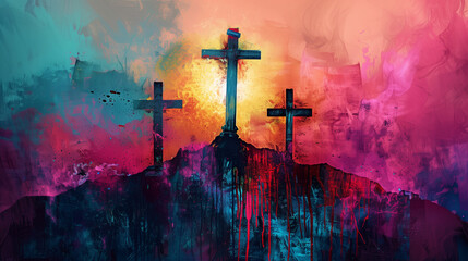dry brush three crosses in abstract and colorful treatment, on a mountaintop with the center cross being larger that the other two. Light shine down on the center cross - obrazy, fototapety, plakaty