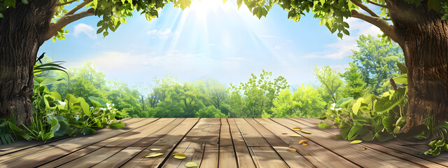 Sunny Forest with Sun Rays Peeking Through Wood, empty space at center on the floor banner copyspace for text, wallpaper background.