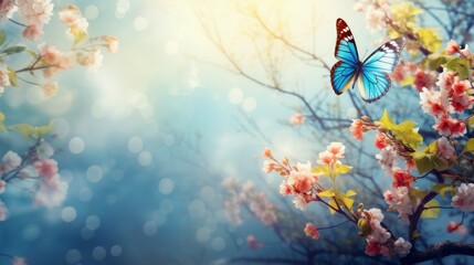 Blue Butterfly Flying Over Flowering Tree