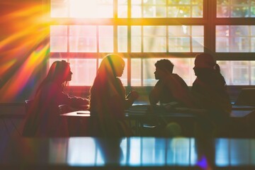 A team of students collaborating at school during the golden hour