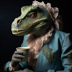 Feminine AI Tyrannosaurus Rex images, drinking coffee. Dinosaurs as people. Anthropomorphism