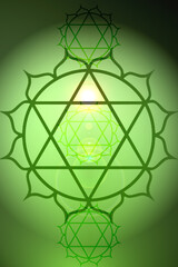 Glowing green color background, glass surface illustration, with graphic mandala elements, space for text
- 750729987