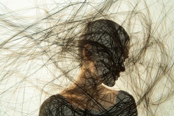 An abstract photograph of tangled, chaotic lines overlaid with a transparent silhouette depicting a person in a state of anxiety