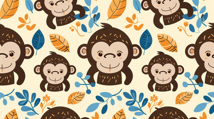 Seamless pattern with cute cartoon monkeys, tropical leaves and flowers, perfect for children's fabric or wallpaper design.
