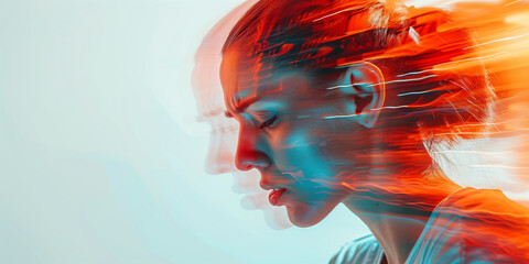 Female cyborg head with abstract digital interface. Artificial intelligence and future concept. Double exposure