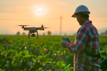 Farmer in the field using drone. Neural network generated in January 2024. Not based on any actual scene or pattern.