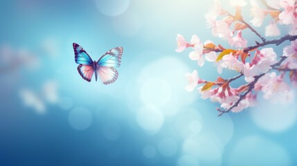 Butterfly Flying Over Tree With Pink Flowers