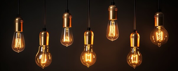 Decorative antique Edison style light bulbs, different shapes of retro lamps on dark background. Interior design decoration details. Set of vintage glowing light bulbs, loft interior