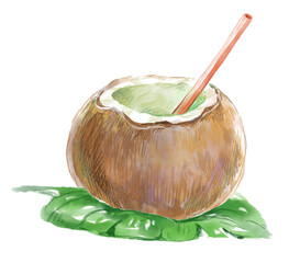 葉っぱが敷かれたトロピカルなココナツジュースの水彩イラスト