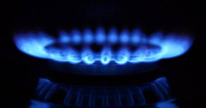Against a dark background, a domestic kitchen gas cooking hob burner ignites and burns before being turned off.