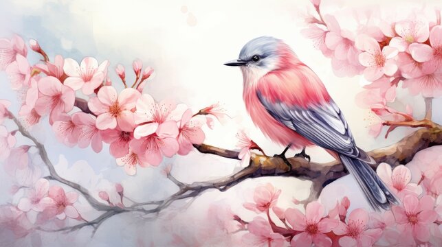 Bird Sitting on Branch With Pink Flowers