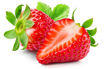 Bright whole strawberries and juicy cut strawberries isolated on a white background.