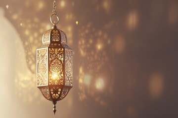 Luxurious 3D of an intricate Ramadan lantern suspended in a clean and simple space,