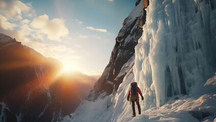 Ice climbers dressed in climbing clothes, safety harnesses and helmet climb under frozen vertical waterfall  icefall before sunset beautiful hour. Active people and sports activities concept image - obrazy, fototapety, plakaty