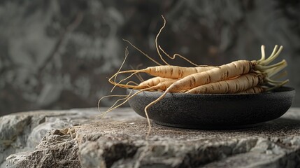 Ginseng in black plate on dark stone and copy space - obrazy, fototapety, plakaty