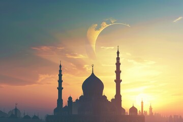an elegant mosque silhouette with a crescent moon