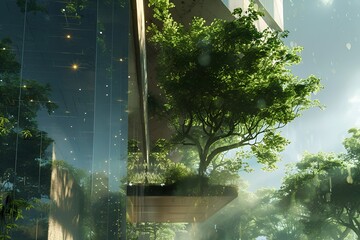 The corporate glass building facade, reflecting green trees, serves as an exemplar of the Environmental, Social, Governance (ESG) concept. Generative AI