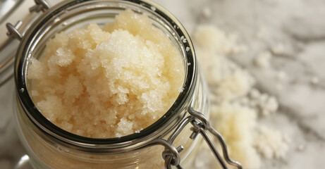 A jar of homemade exfoliating sugar scrub on a marble surface, a natural skincare remedy