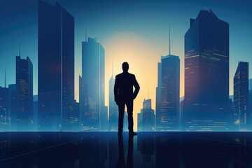 Urban Success: Silhouetted Businessman Amid Cityscape.