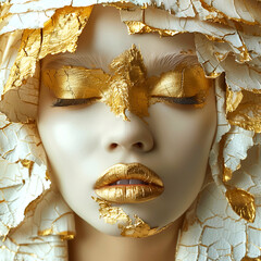 Portrait of a beautiful woman with gold make-up and golden jewelry on her face.