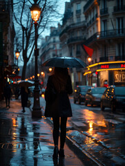 woman in the rain on a parisian street
