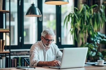 older professional seamlessly using technology in a contemporary office setting