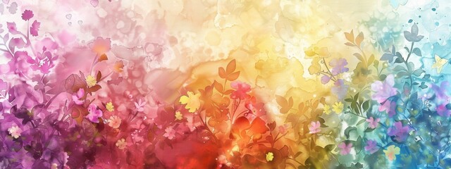 dreamy, watercolor background featuring vibrant blossoms in various stages of bloom. The colors should transition from soft pastels to more vivid hues