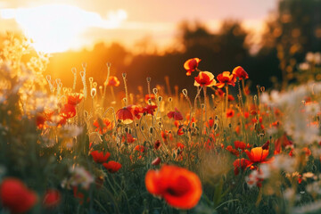 Fototapeta na wymiar Beautiful meadow with red poppy flowers in the sunset light