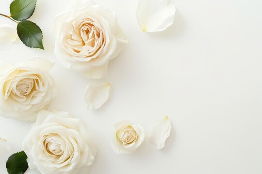 overhead view of rose flower on minimal white background