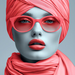Fashion portrait of young beautiful woman in red sunglasses and turban