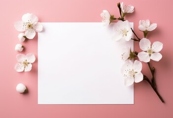 Fototapeta na wymiar Blank Paper Surrounded by White Flowers on Pink Background