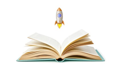 An open book transforming into a rocket ship, propelling students into the cosmos of learning