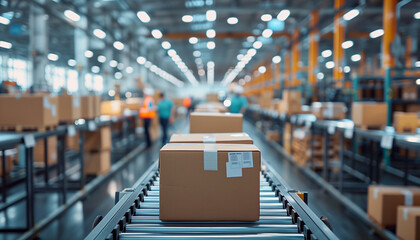 Package boxes with ordered goods Huge fulfillment center of giant e-commerce company moving on Power Conveyor, workers on background.Retail commerce industry and worldwide international shipping image