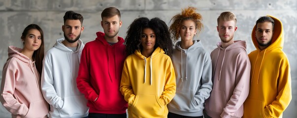 Versatile Blank Hoodie Mockup Featuring a Diverse Group of Models. Concept Hoodie mockup, fashion shoot, diverse models, casual style, group photoshoot,