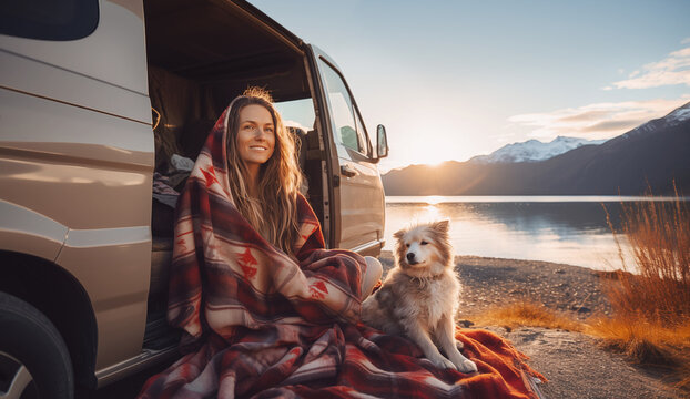 Smiling young woman covered with warm plaid meets cold morning lake view sunrise sitting in touristic camper van with puppy dog friend. Camp traveling concept, Mobile Living Captivating Home on wheels