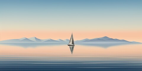 A lone sailboat gliding peacefully over the calm ocean waters with a backdrop of distant mountains and a clear sky