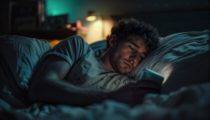 Young man lying in bed under warm blanket and surfing internet using modern smartphone in late night hours in a bedroom. Unhealthy devices usage, Digital hygiene, insomnia concept image.