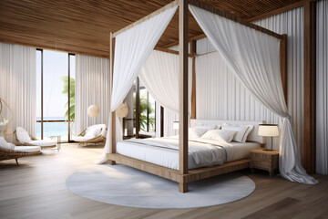 a bed with white curtains in a room with a view of the ocean