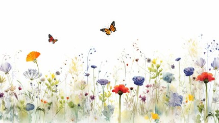 Field of Flowers and Butterfly in Spring