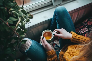 An overhead view of a person enjoying a mindful moment of solitude, sitting by a window with a cup of herbal tea