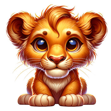 Cute lion cub emoji design. Front facing portrait. Cartoon concept. Animal concept, Children story concept. Clipart illustration. Transparent background. Isolated character.