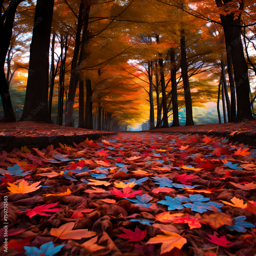 Sticker Vibrant autumn leaves covering a forest floor. 