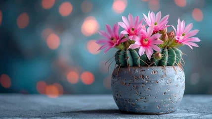 Photo sur Plexiglas Cactus Beautiful blooming cactus in a pot with a bokeh background