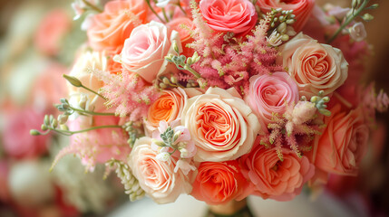 Wedding bouquet of orange and pink roses and eucalyptus.