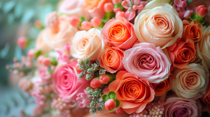 Wedding bouquet of orange and pink roses and eucalyptus.