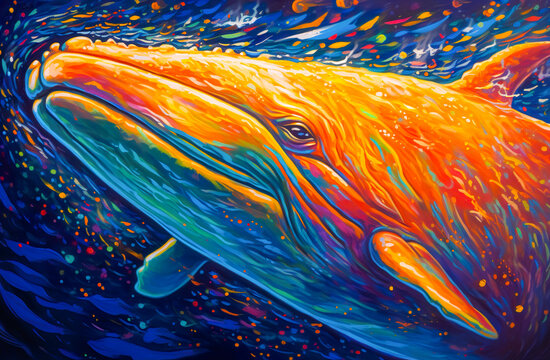 Abstract color splash illustration art of whale jumping in the style acrylic painting background.for animal inspiration concepts and design ideas.